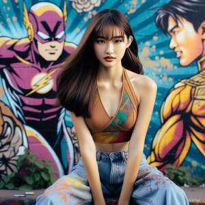 Very thin Athletic Thin skinny Attractive, Asian teenage girl, long brown hair and bangs, wearing tight skinny jeans and a halter top paint marks on her clothing, sitting side view heroic pose Asian graffiti