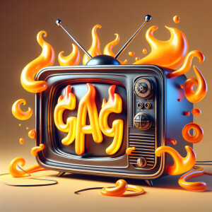 Tube TV with the word “GAG” on the screen on fire cartoon logo