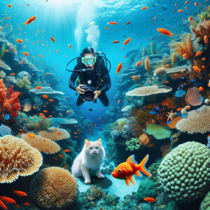 Cat swimming underwater after a fish