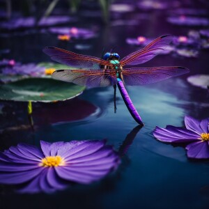 Create an image of a dragonfly with vibrant purple wings and a m...
