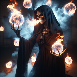 Grim reaper female emitting balls of fire out of her mouth and h...