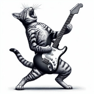 Illustrate a grey tabby cat standing upright, passionately strum...