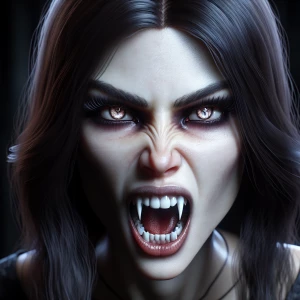 Generate hyper-realistic image of a young, fierce female vampire...