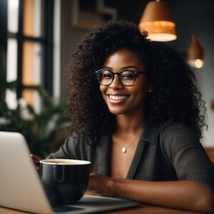 Visualize a confident and beautiful Black woman working on her M...