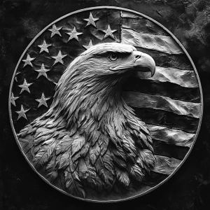 Design a high-contrast grayscale bas relief of an eagle with win...