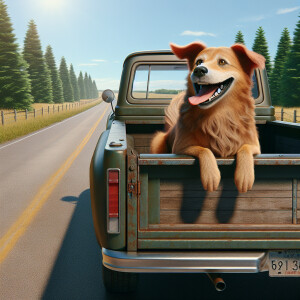 A dog having the time of his life in the bed of a truck, photore...