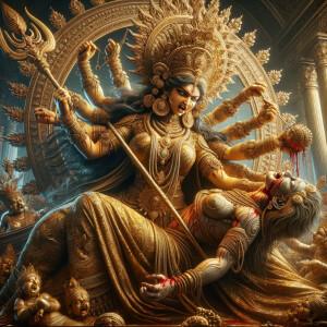 portrait of angry looking goddess durga sitting on a gold crown and carrying a weak mahishasur on her lap and stabbing him with her amazingly designed trident. She is wearing gold armor, a huge gold crown, gold saree, abundant  gold jewelry, covered in blood. The scene is set in ancient India. The image is 8K resolution, cinematic, ultra detailed face and epic.