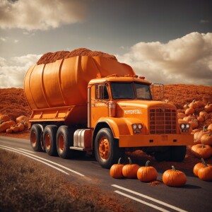 Photorealistic funny interpretation of pumpkin spice dump truck...