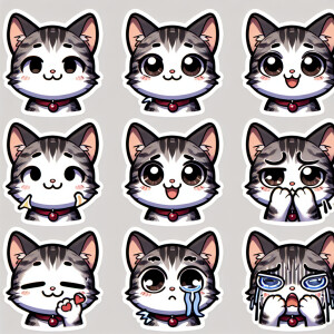 Create a sticker pack for me featuring a cute gray-and-white kit...