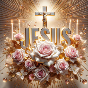 Create an elegant and celebratory image that radiates warmth and grace. At the forefront, craft the word "JESUS" in bold, 3D lettering with a luxurious mix of metallic sheen and white enamel, giving it a raised, tangible feel. Surround the text with a bouquet of beautifully rendered soft pink roses in full bloom, exuding a sense of peace and love. Include accents of gold leaf and small, radiant gemstones that gently scatter light. The backdrop should feature a radiant halo of golden rays emanating outward, enhancing the composition's divine atmosphere. The overall design should convey a sense of reverence and the beauty of faith, all harmoniously balanced and rich in texture.