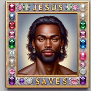 "Create a 3D realistic artwork featuring the phrase 'Jesus Saves...