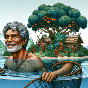 A gray-haired fisherman swam to an island on which old trees wit...