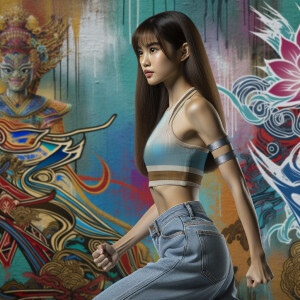 Very thin Athletic Thin skinny Attractive, Asian teenage girl, long brown hair and bangs, wearing tight skinny jeans and a halter top paint marks on her clothing, sitting side view heroic pose Asian graffiti