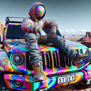 Create a colorful/psyscadelic character of Stuey wearing a Nike...