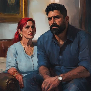 realism style .A sweaty beefy muscular man sitting with his 54 y...