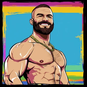 White muscular thin man with beard, big chin, smile and cheekbon...
