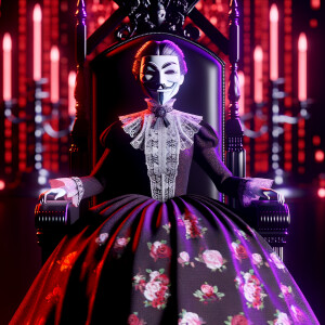 A woman named lilith wearing elegant gothic lolita dress  sitting on the thrones, red purple aura, smirk evil, 3D, humanlike