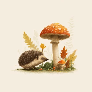 Curious small hedgehog near mushroom, nostalgic illustration, au...