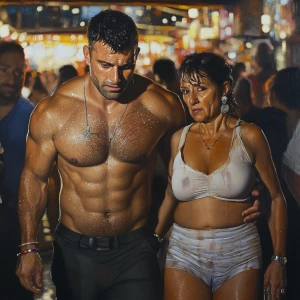 Hyperrealism ,a muscular beefy sweaty man walking with his 50 y...