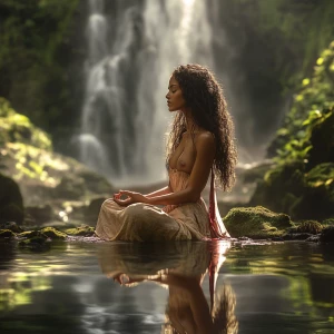 A highly realistic image of a serene woman sitting in a lotus po...