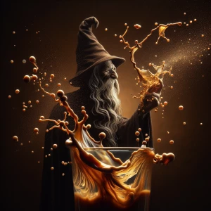 Macro photography. A single drop of coffee forms the face of a w...