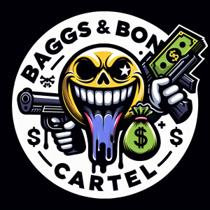 Create a circular, comic-style logo portraying an evil round smi...