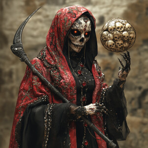 A reaper lady with a tattooed face and body. Skin with jewels an...