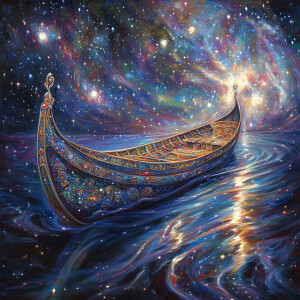 A radiant celestial gondola glides peacefully through a cosmic s...