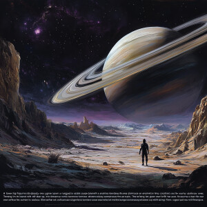 "A lone figure stands on a rugged, alien landscape beneath a vas...