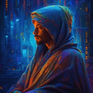 In the dimly lit digital realm, a neon-noir whimsical philosophe...