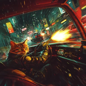 A humanoid street cat in a leather jacket driving a muscle car w...