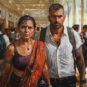 Hyperrealistic painting 1:1.A sweaty beefy son in law walking wi...
