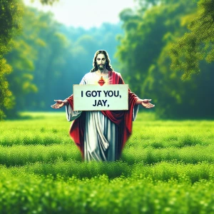 Create an image of Lord Jesus Christ standing in a vibrant, lush...