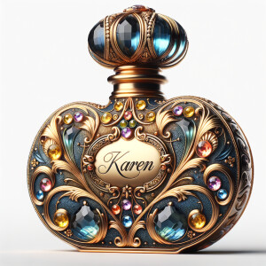 Create a 3-D realistic gold and blue, colorful jewels perfume b...