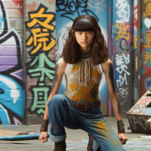 teenage girl, long brown hair and bangs, wearing tight skinny jeans and a halter top paint marks on her clothing, heroic pose Asian graffiti background, nearing on one knee