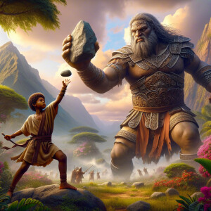 A realistic digital painting of the biblical scene with both Dav...