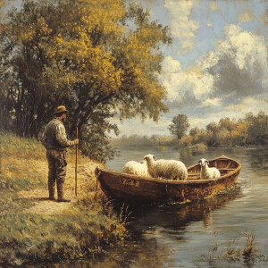 A farmer with a sheep and a goat is standing on the left bank of...