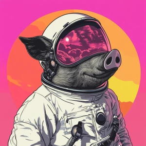 Cute cartoon pig in vintage white spacesuit and NASA style helme...