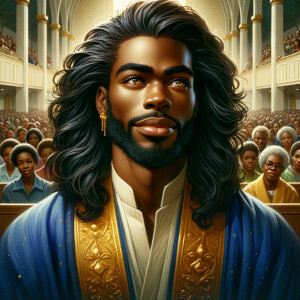 Illustrate an inspiring African-American Jesus crust with a dign...