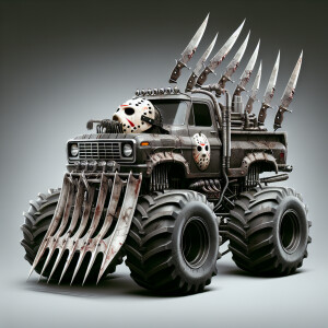 Design a monster truck influenced by Jason Voorhees, featuring t...