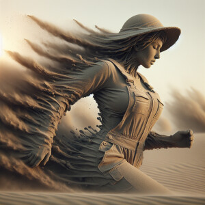 Create an image of a woman made entirely of sand walking in a sa...