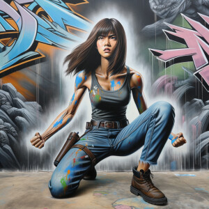 teenage girl, long brown hair and bangs, wearing tight skinny je...