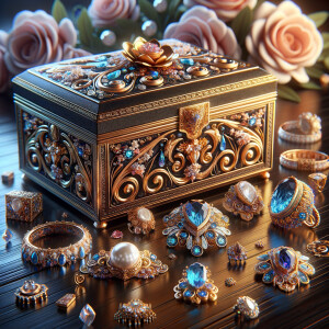 Create an image of an ornate jewelry box richly detailed with golden swirls and floral motifs, with no items on the top. Inside the box lies a collection of exquisite jewelry, each piece featuring vibrant blue gemstones set amongst pearls and golden accents. This treasure is placed on a dark wooden surface, subtly reflecting the luster of the gems. Around the box, there are loose gemstones, a golden flower, and soft pink roses in the blurred background, contributing to the elegant ambiance. The name 'Karen' is elegantly inscribed above the jewelry box, adding a personalized touch to the scene.