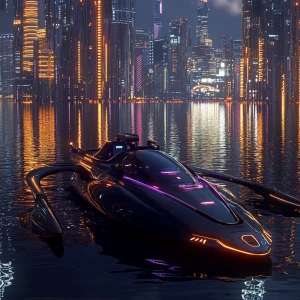 Depict a sleek, futuristic rowboat gliding over a shimmering met...