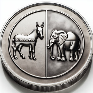 A large coin showing both sides one side democrat the other side...