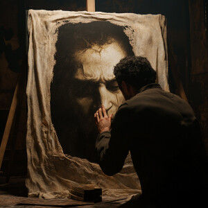 As an unsuspecting man looks beneath a cloth, draped over the cu...