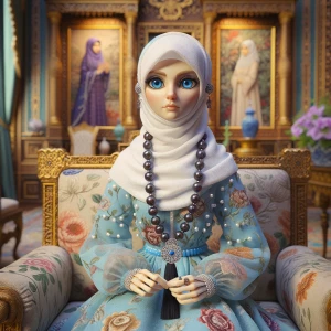 Create an image of a doll-like elderly woman with exaggerated, s...