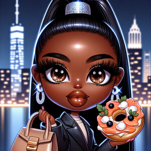 Create an image of a glossy, chibi-style African American girl w...