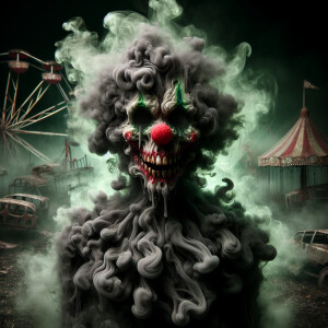 "Create an illustration of a nightmarish clown whose entire form...