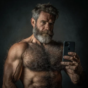 The image shows a middle-aged man with a muscular, hairy physiqu...
